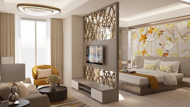 Kamar hotel dengan desain elegan dan mewah di Sunday.