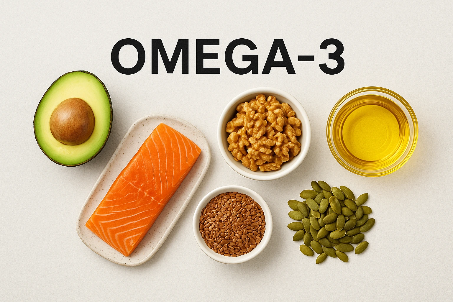 Makanan yang mengandung Omega-3, termasuk alpukat dan salmon.
