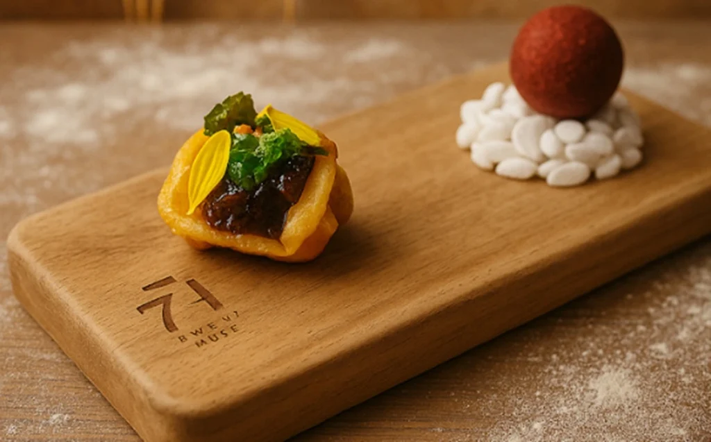 71st Omakase menyajikan menu pencicip (tasting menu) yang dirancang secara musiman, menggabungkan bahan-bahan lokal berkualitas tinggi dengan teknik kuliner kontemporer.