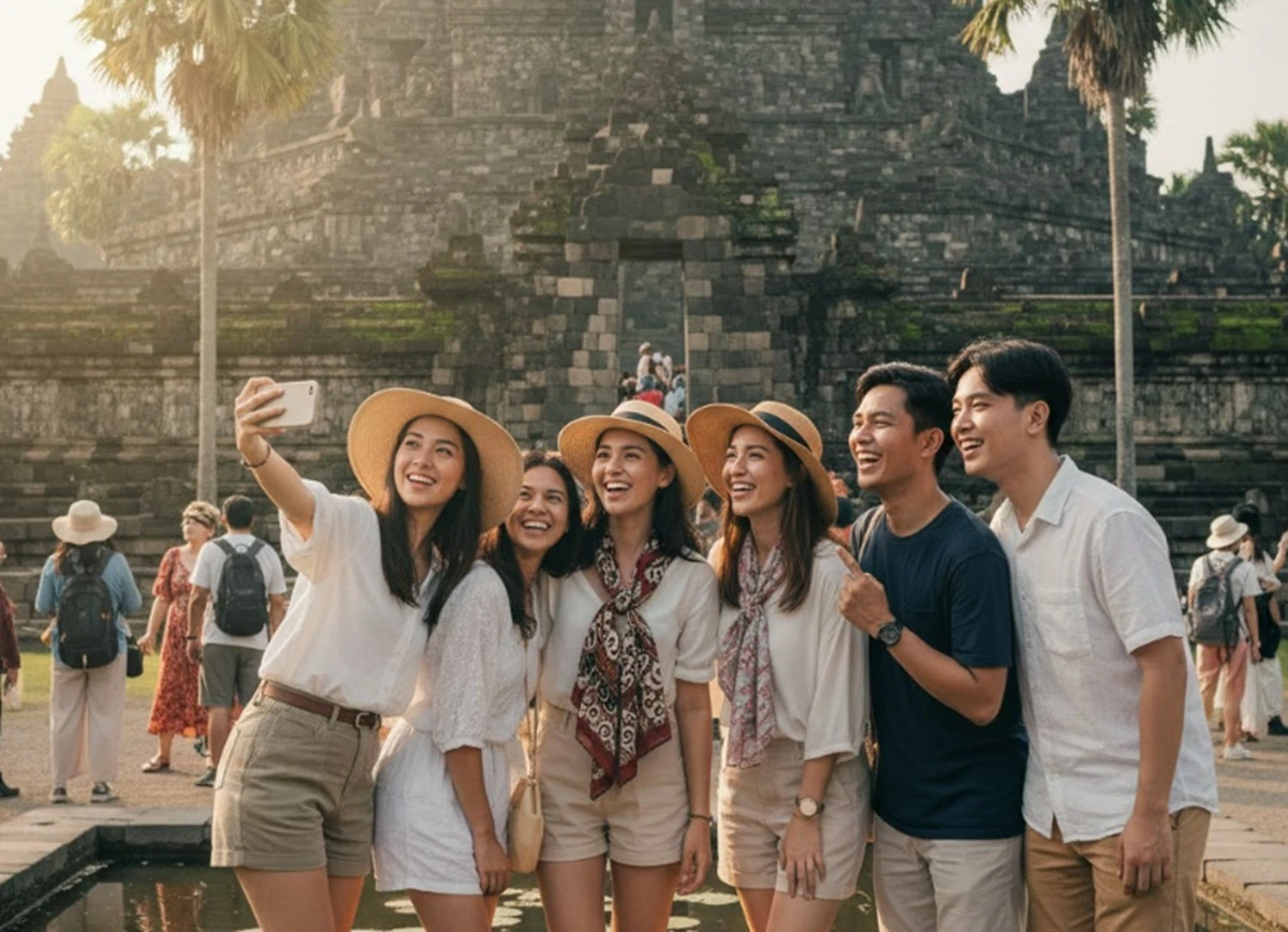Wisatawan berfoto di depan lokasi bersejarah.