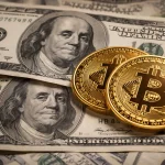 Bitcoin di atas tumpukan uang dolar AS