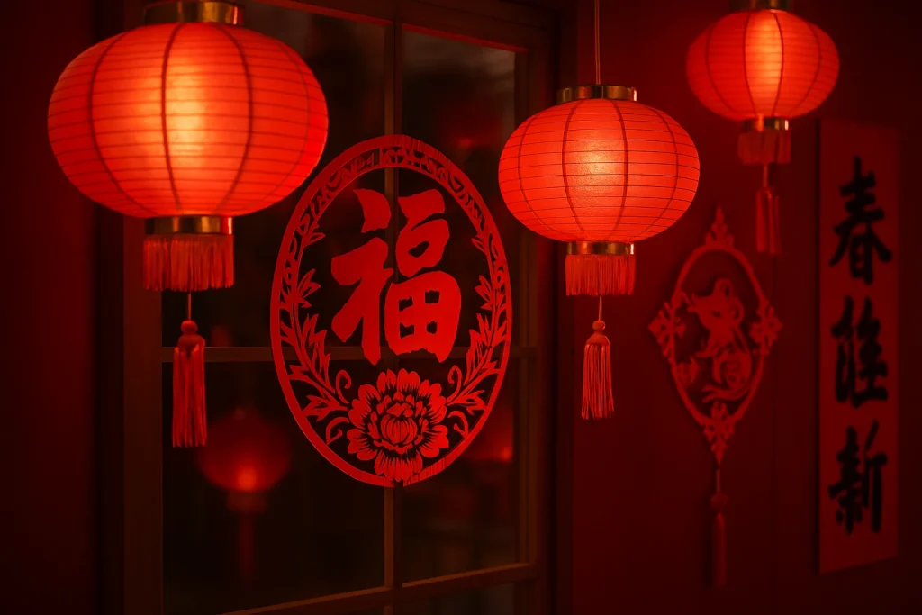 Lampion yang tergantung sebagai hiasan Imlek.