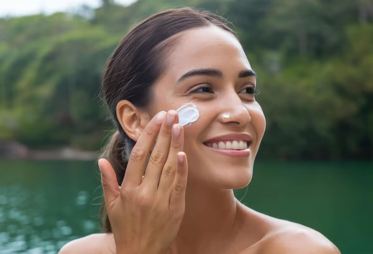 Seorang perempuan menggunakan sunscreen saat berlibur.(freepik)