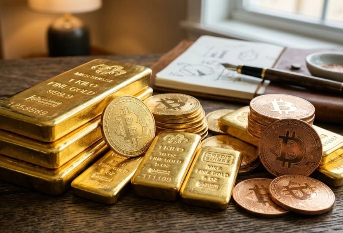 Tumpukan emas dan Bitcoin