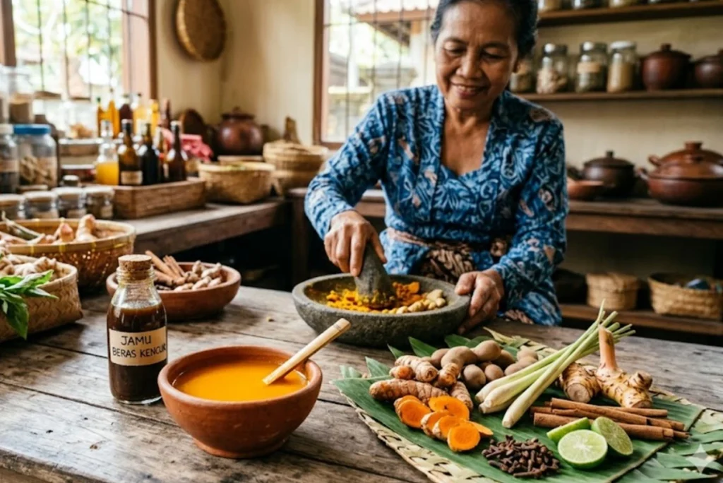 Seorang nenek tengah membuat jamu secara tradisional.