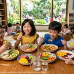 Anak belajar menerapkan pola makan sehat dengan gizi seimbang.(AI Generated Picture)