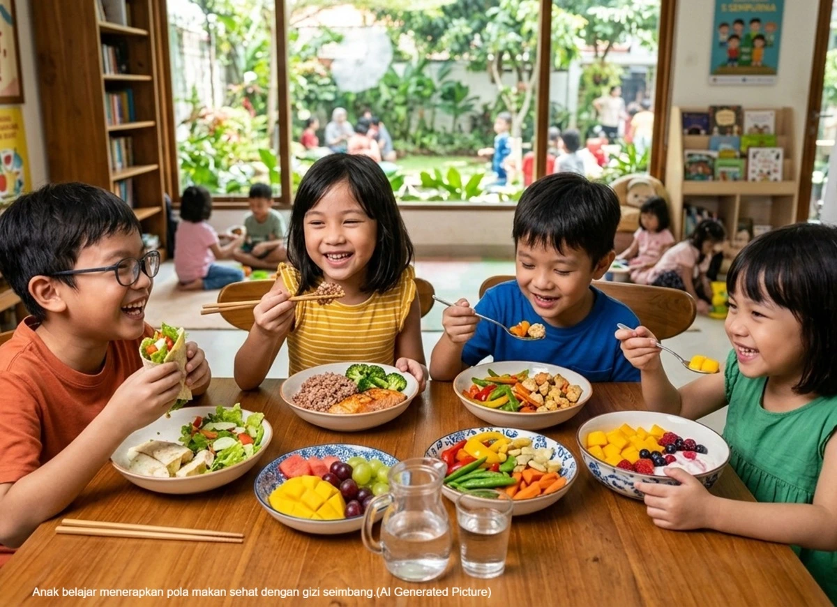 Anak belajar menerapkan pola makan sehat dengan gizi seimbang.(AI Generated Picture)