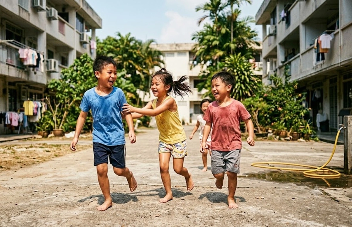 Anak-anak berlari di tengah cuaca panas