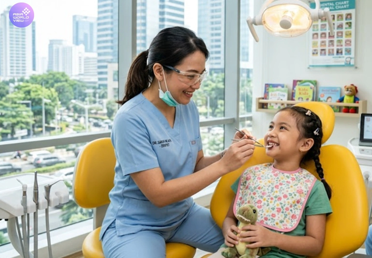 Dokter gigi anak tengah memeriksa kesehatan pasien kecil.