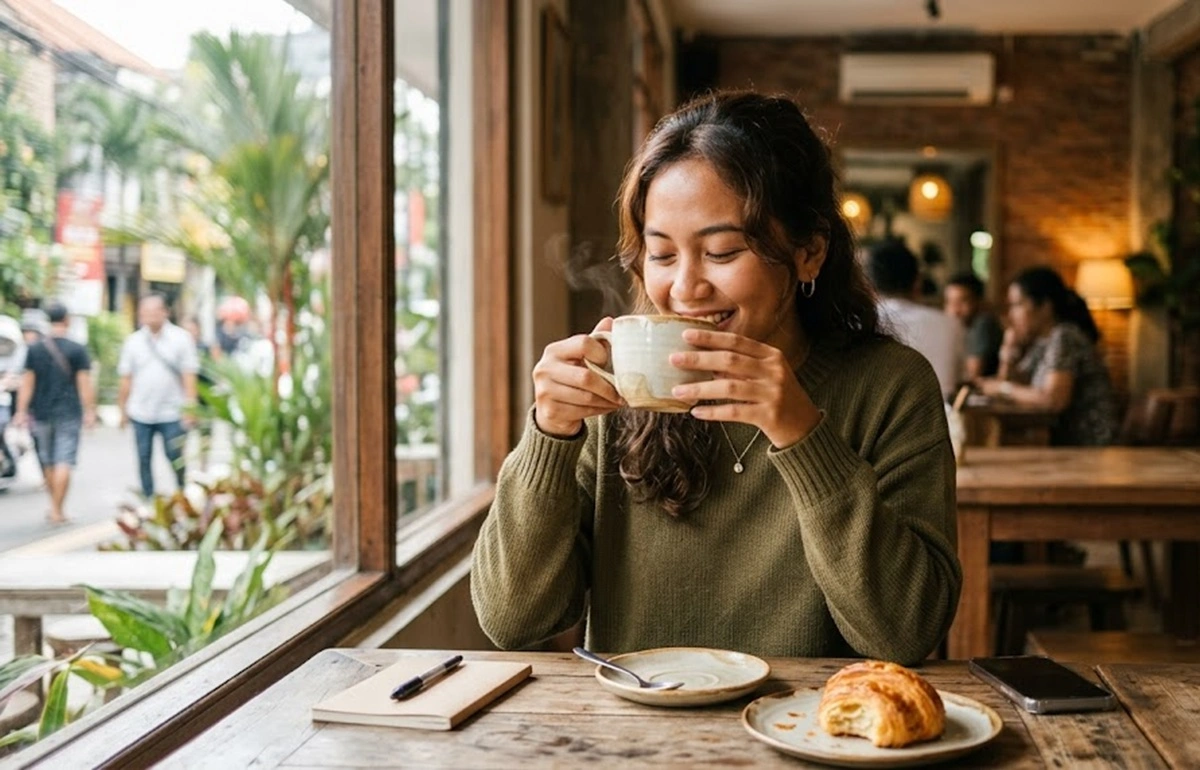 Menikmati secangkir kopi di sebuah cafe.
