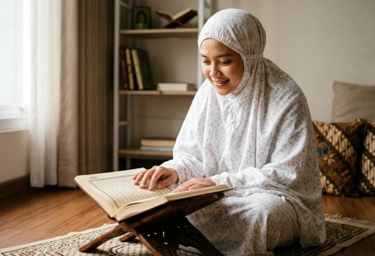 Seorang muslimah tengah membaca Al-Qur'an