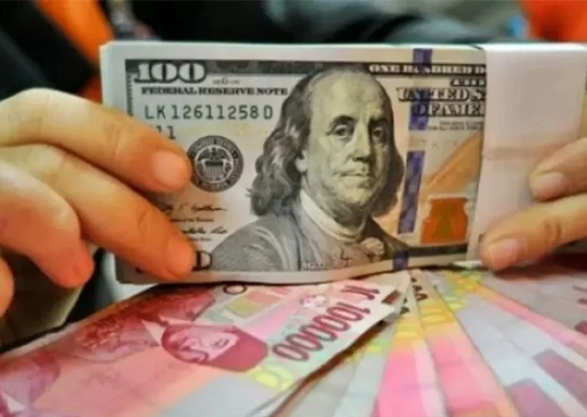 Teller memegang uang Dolar AS di antara tumpukan Rupiah.(Antara)