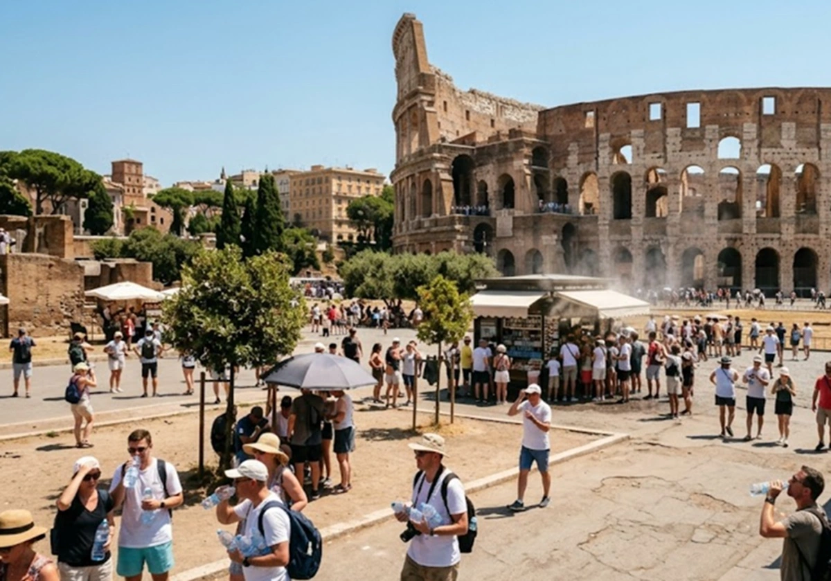 Wisatawan tengah berkunjung ke Roma, Italia, di tengah cuaca panas.