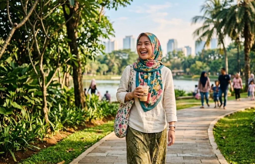 Seorang perempuan berhijab tengah berjalan santai.
