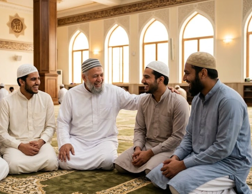 Umat Muslim yang tengah mengobrol di dalam masjid.
