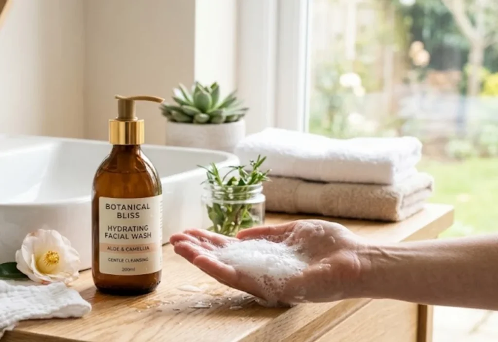 Ilustrasi membersihkan wajah dengan facial wash dengan bahan lembut.