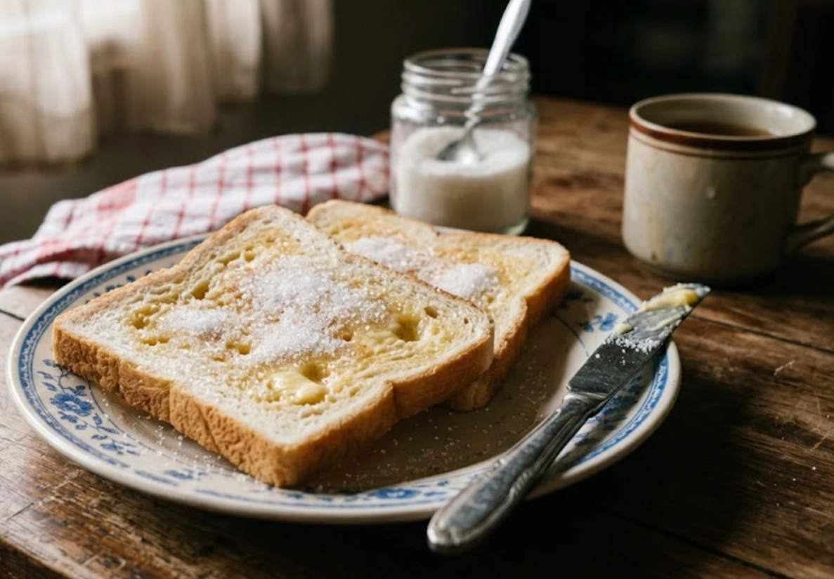 Makanan nostalgia, roti tawar dengan margarine dan gula pasir.