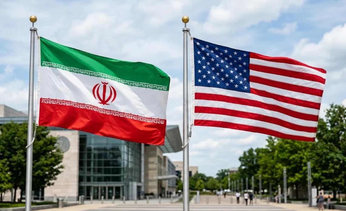 Bendera Iran dan Amerika Serikat.